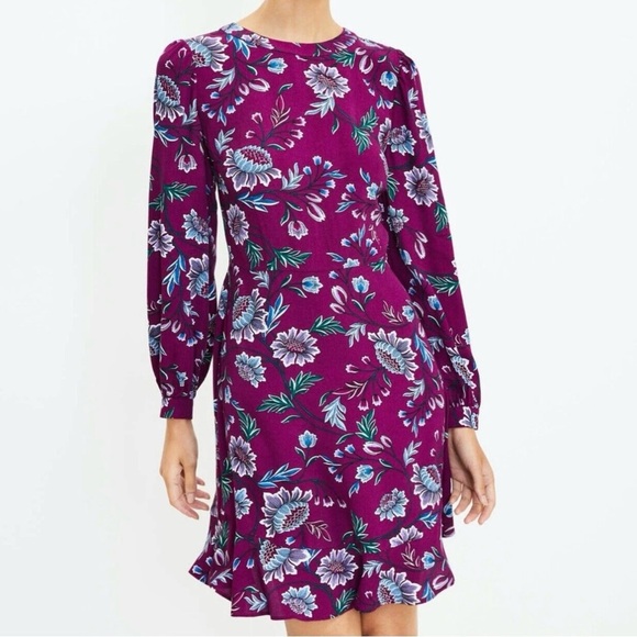 LOFT Purple Floral Long Sleeve Ruffle Hem Dress - size 0 - Picture 1 of 12